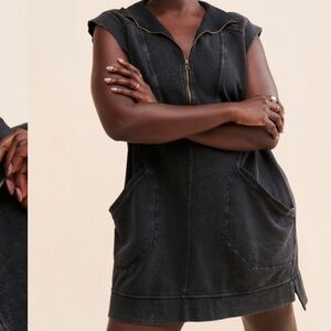 Anthropologie Black Washed Zip-Front Mini Dress